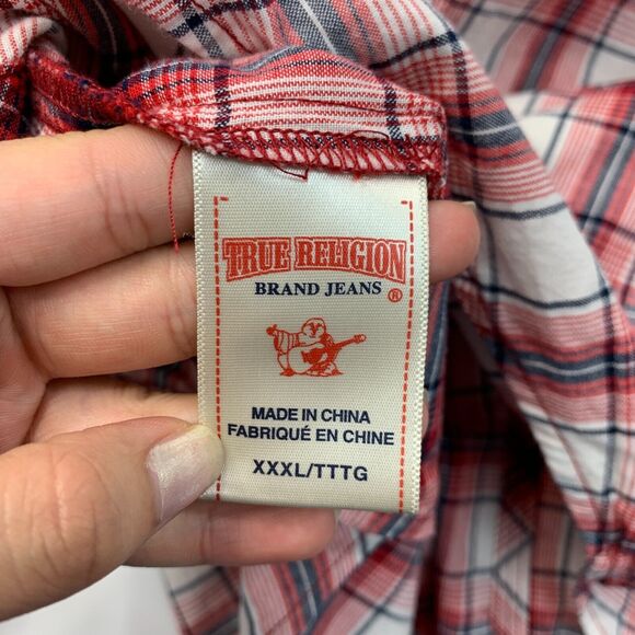 True Religion Western Shirt Mens 3XL XXXL Red Navy Plaid Pocket Snap Button Up - Picture 8 of 13